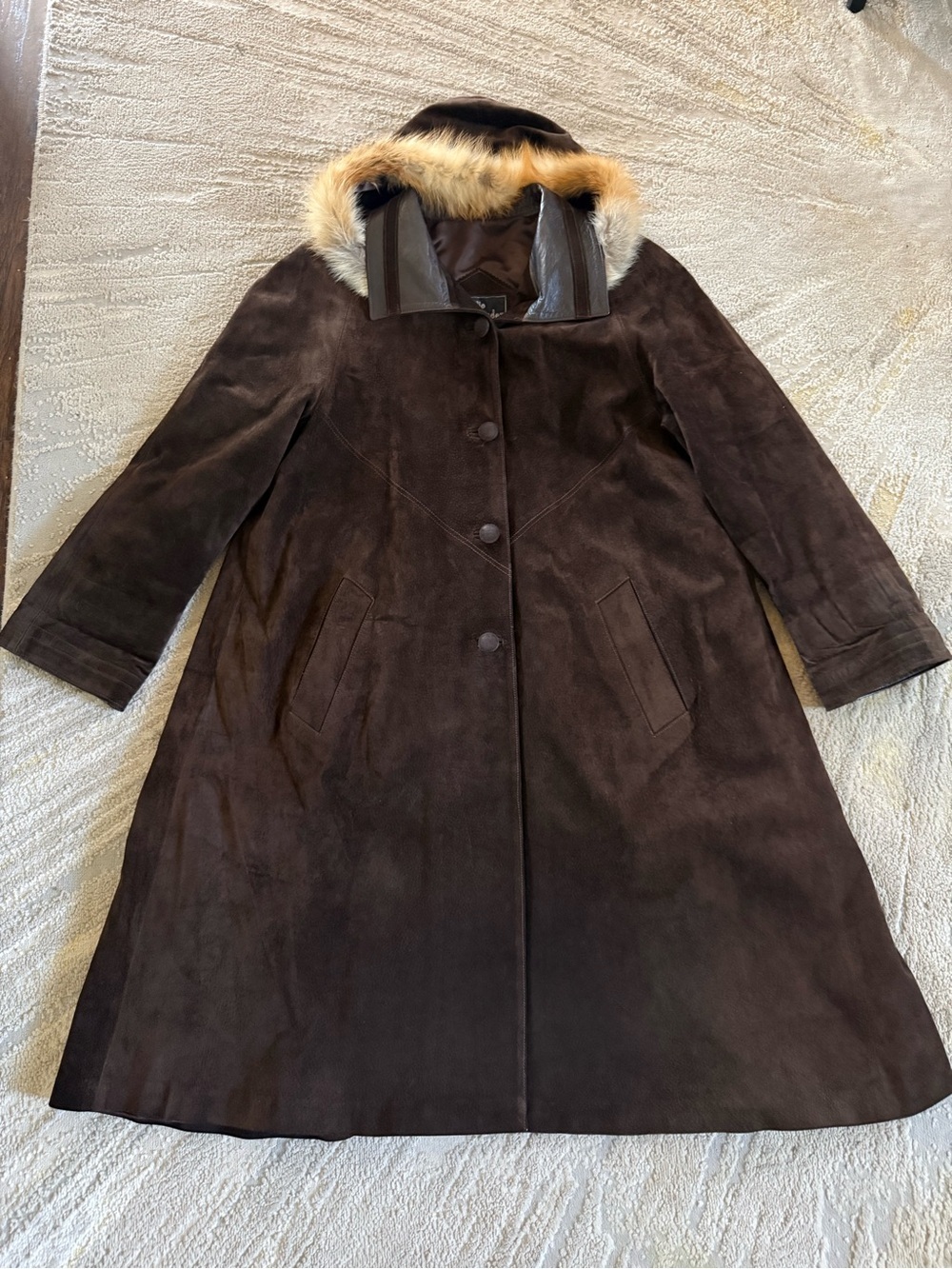 Vintage brown suede leather long line coat jacket with hood fur trim 40 / medium - Picture 5 of 12